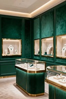Vitrine à bijoux en velours vert de luxe avec finition dorée - Vitrine haut de gamme pour bijouterie