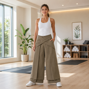 Pantaloni da donna a gamba larga con pieghe origami a tutta lunghezza e cintura multi-pannello piegata. Tasca portaoggetti nascosta, a doppio strato a cascata - Product Image 3