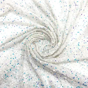 White Laser 5mm Sequin Embroidered Organza Fabric Mermaid Style Iridescent Velvet Fabric For Stage And Wedding Dress Abaya