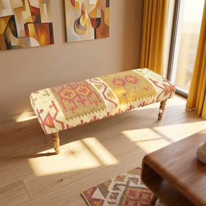 Banc à motif géométrique traditionnel, tissé à la main en laine et jute kilim écologiques, pour entrée, salon ou chambre. - Product Image 3