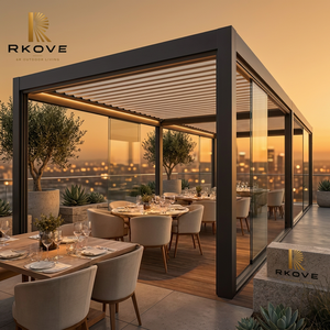 Pérgola Motorizada de Aluminio con Rejillas y Paneles de Vidrio RKOVE RK-S2, con Iluminación LED, para Terrazas de Restaurantes al Aire Libre en Resorts de Playa - Product Image 1