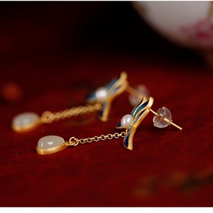 Sterling <b>Silver</b> Hetian Jade Lotus Earrings Women's High-end Retro Fashion Niche Temperament Light Luxury Earrings Earrings - Product Image 6