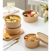 Custom Bedrukt Wegwerp 500Ml Food Grade Afhaaldoos Papier Kraft Bruine Papieren Kom Met Deksel