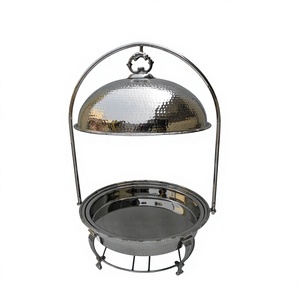Calentador de Comida Eléctrico con Patas de Latón, Calentador Circular Plateado con Tapa de Cúpula Martillada y Soporte para Banquetes de Hotel - Product Image 1