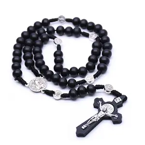 BDN009 Classic Catholic Wood Beads Cross Pendant Necklace for Men Women Religious Rosary Handmade Prayer Jesus Accessories