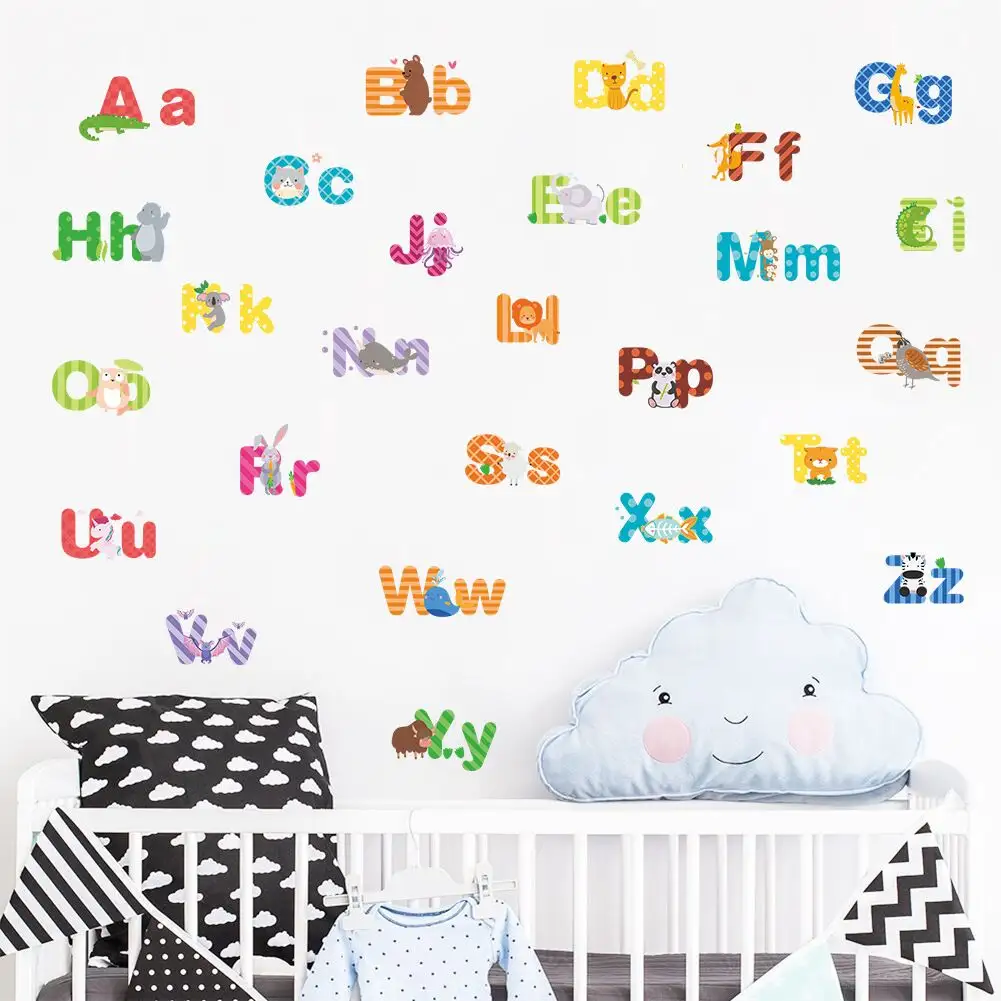 Baby Wall Stickers Kindergarten Wall Decoration Wall Paper Stickers Children Bedroom Baby Room Early Education Cartoon Animal Alphabet Wall Sticker