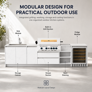 Luxuriöse Moderne 304 Edelstahl Modulare Outdoor-Küche - BBQ-Insel mit Eingebautem Gasgrill mit 3 Brennern und Küchenschrank-Set - Product Image 3