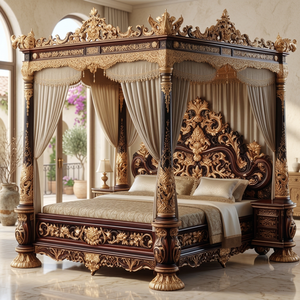 Cama con Dosel de Madera Maciza Tallada de Estilo Real Europeo de Lujo, Juego de Muebles de Dormitorio con Tapicería Personalizada, Garantía de 5 Años - Product Image 5