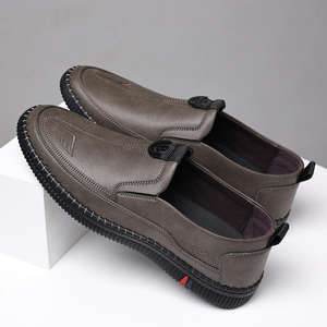 Leather Upper Men's Business Casual Waterproof Anti-Slip Breathable Platform <b>Soft</b>-<b>Soled</b> Slip-On <b>Shoes</b> for Spring/Autumn - Product Image 1