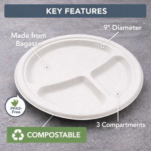 Assiettes en bagasse compostables ProTakeOut, 9 pouces de diamètre, 3 compartiments, lot de 500, sans PFAS, écologiques, compatibles micro-ondes, blanches - Product Image 4