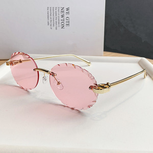 Retro Round <b>Rimless</b> <b>Sunglasses</b> UV400 Unisex Sun Protection Adult Fashion Green Lenses - Product Image 2