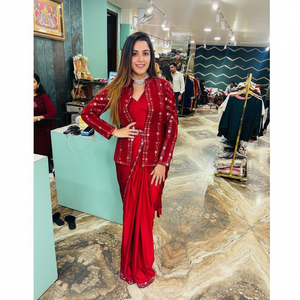 ÚLTIMO BORDADO DE SATÉN TRABAJO LISTO PARA USAR BLUSA SAREE CON CHAQUETA Y CINTURÓN ROJO - Product Image 1