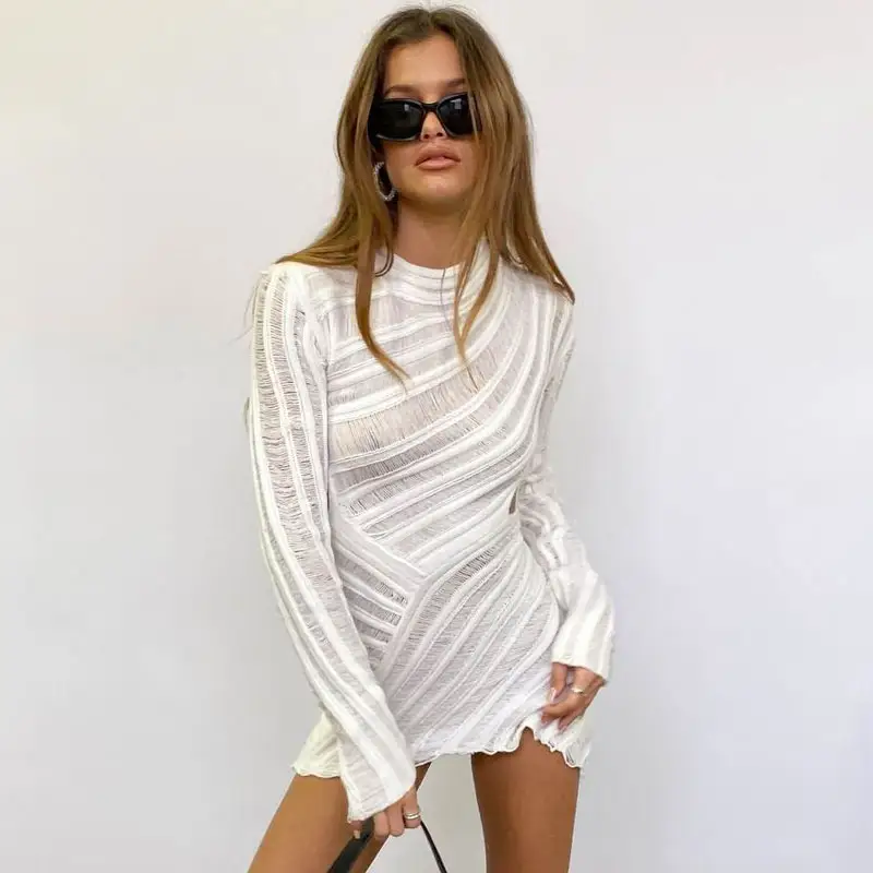 2023 शरद ऋतु सेक्सी बुना हुआ मिनी पोशाक महिलाओं के फैशन खोखले बाहर सुरुचिपूर्ण स्लिम लंबी आस्तीन क्लब पार्टी Bodycon पोशाक