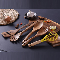 Ensemble de spatule à frire, louche et entonnoir en bois de teck massif écologique, ustensiles de cuisine antiadhésifs complets