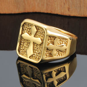 Anillos Hiphop Resistentes al Deslustre e Impermeables, de Buena Calidad, Chapados en Oro PVD de 14k y 18k, Anillo Grueso con Cruz de Acero Inoxidable 316L para Hombre - Product Image 3