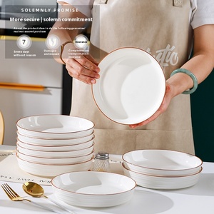 Assiette à dîner moderne en céramique blanche avec bord brun, assiette creuse en porcelaine côtelée pour pâtes et salades, plat de service rond pour la maison et l'hôtel - Product Image 4