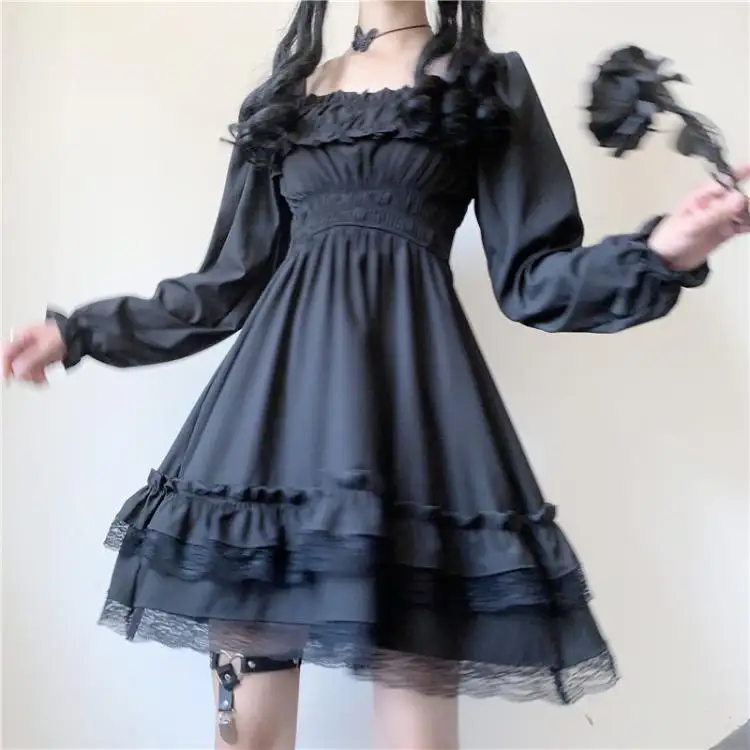 Lolita Style Women Princess Black Mini Dress Slash Neck High Waist Gothic Dress Puff Sleeve Lace Ruffles Party Dresses