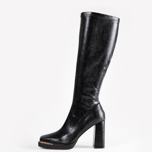 Retro High Chunky Heels Long Booties Square Metal Toe Side Zipper Stretchy <b>Shoes</b> Women Western Style Knee High Boots - Product Image 1