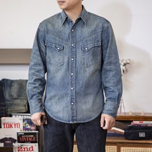 Men's <strong>100</strong>% <strong>Cotton</strong> American Retro <strong>Western</strong> Design Denim Shirt Long Sleeved Satin Casual Double RL Lapel Wash for Spring Autumn - Product Image 4