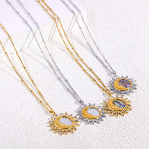JUSNOVA Collier Pendentif en Acier Inoxydable Plaqué Or 18 carats PVD pour Femme, Motif Soleil Lune Coquillage CZ, Bijoux Tendance Vintage et Mode, Vente en Gros - Product Image 1