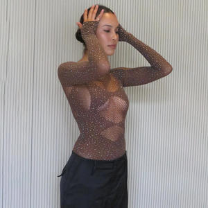 Combinaison moulante à manches longues en patchwork tendance, avec découpes, strass, haute élasticité, sexy, pour femmes, TzG125 - Product Image 3