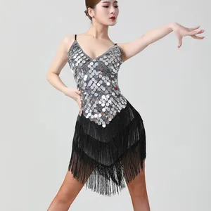 Vestido de Baile Latino con Flecos Brillantes para Mujer Adulta, Traje de Competición de Baile de Salón, Rumba, Cha Cha, Tango, Falda de Baile con Tirantes Brillantes y Borlas - Product Image 1