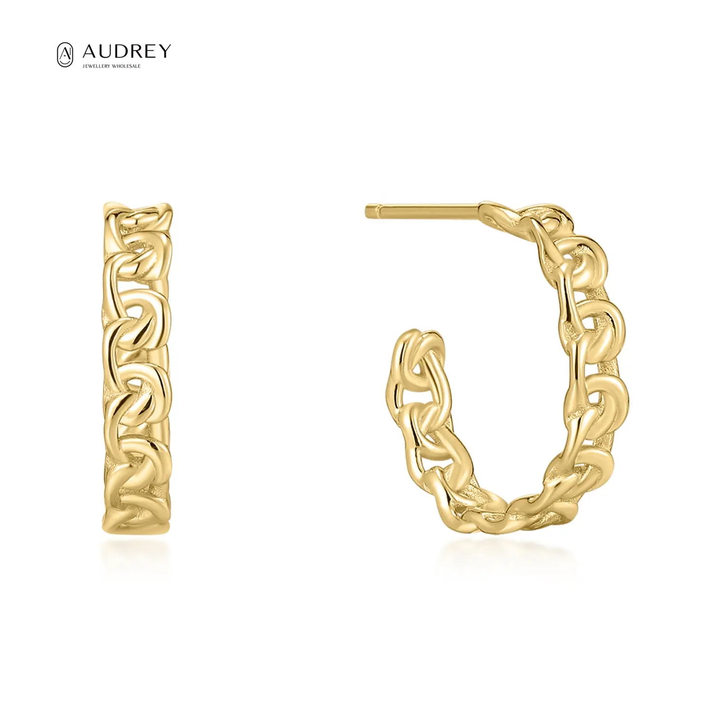 Audrey Fine Jewelry Designer Luxury Openwork 14k Plated Gold 925 Silver Stud Earrings 14 Karat Gold Statement Hoop C Earring