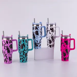 USA Warehouse Stock 40 OZ 3D Print Sublimation Blanks Sport Tumbler Travel Mug Cup H1.0 Milk Cow Pattern Handle Stainless Steel