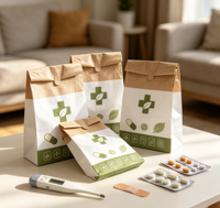 Sacs en papier kraft recyclé pour ordonnances médicales avec logo personnalisé imprimé, fermeture à languette, pour pharmacie