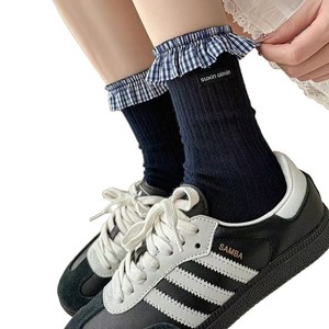 Calcetines largos con ribete esponjoso de estilo japonés, calcetines a media pantorrilla con encaje azul marino a cuadros para mujer, transpirables y absorbentes del sudor - Product Image 3