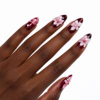 Druk op Nagels Kersenbloesem Sakura Groothandel Op Maat Amandel Valse Nagels Bordeaux 3D Bloem Parel Strass Luxe