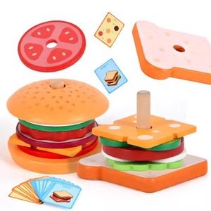 Jouets de cuisine en bois pour enfants, en forme de hamburger et sandwich, à empiler, pour jeu d'imitation, pour bébés, filles et garçons - Product Image 1