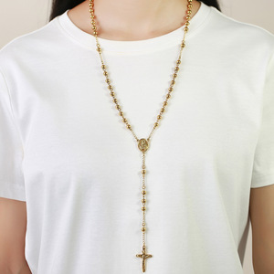 Collar De Rosario chapado en oro con cuentas de Cruz de Jesús católico religioso de cadena larga de acero inoxidable para hombres <span class=keywords><strong>y</strong></span> mujeres - Product Image 5