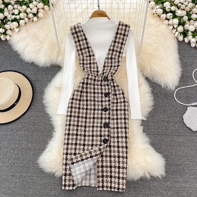 Woolen Plaid Dress Suit for Women 2022 Autumn and Winter New Waist-Controlled Slimming Suspenders Dress Two-Piece Set Female