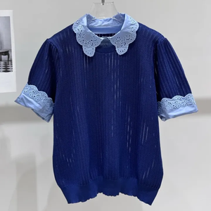 Elegante Maglione <span class=keywords><strong>Blu</strong></span> Lavorato a Maglia con Colletto in Pizzo, Maniche Corte, Stile Vintage per <span class=keywords><strong>Donna</strong></span> - Product Image 1