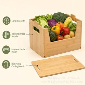 Boîte de rangement en bambou avec planche à découper, couleur bois naturel, pour fruits et légumes, organisateur de cuisine, format bureau - Product Image 4