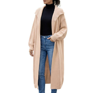 <span class=keywords><strong>Cardigan</strong></span> long décontracté en maille torsadée pour <span class=keywords><strong>femme</strong></span>, col à revers, coupe oversize, devant ouvert, style manteau - Product Image 1
