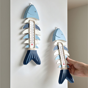 Thermomètre en bois bleu et blanc en forme d'arête de poisson, décoration murale de style méditerranéen pour la maison - Product Image 1
