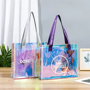 Özel Logo şeffaf holografik PVC hediye Hologram lazer plaj yanardöner Tote alışveriş çantası