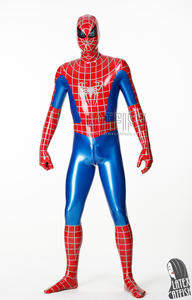 Catsuit <span class=keywords><strong>in</strong></span> lattice da <span class=keywords><strong>uomo</strong></span> per cosplay, blu metallizzato e rosso, a copertura totale, con cerniera posteriore a 3 vie e finitura effetto polvere. - Product Image 4