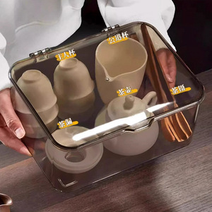 Transparent Teapot And <b>Teacup</b> Storage Box With Lid Stackable Desktop Organizer For Tea Set Accessories Rectangular Solid Color - Product Image 3