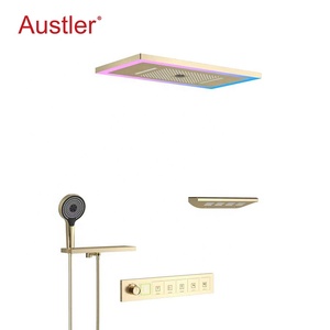 Moderno Grifo de Ducha Termostático de Latón para Baño con Cabezal de Ducha LED de 25x13 pulgadas con Efecto Lluvia y Cascada, Empotrable en Techo, Dorado - Product Image 2