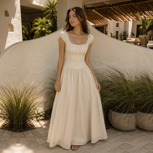 OEM Custom Women <b>White</b> Cotton Maxi <b>Dress</b> Halter Neck Ruched Bodice Cap Sleeve A-Line Bohemian Eco-Friendly Casual <b>Dress</b> - Product Image 1