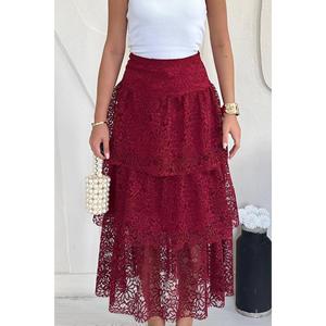 Falda Midi de Encaje Borgoña con Capas, Cintura Alta, Tela Suave para Mujer - Product Image 1