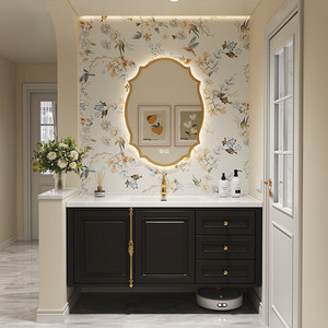 High-end painted bathroom cabinet French vintage cream style combination cabinet with styled <b>mirror</b> - Product Image 2