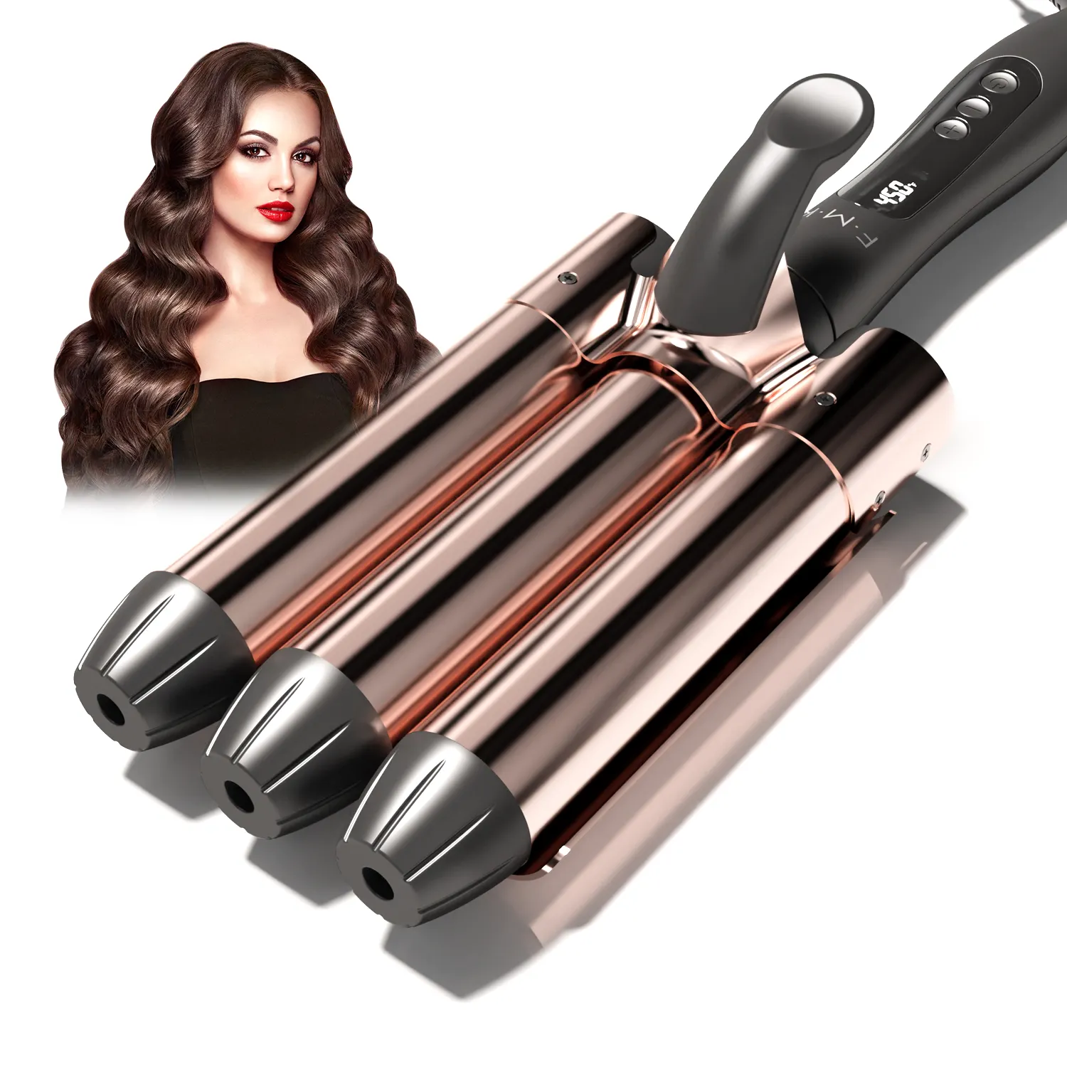 FMK Venta caliente Triple onda 32mm barril de cerámica rizador de hierro onda profunda temperatura ajustable varita rizadora de pelo para salón de belleza