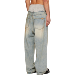 Pantalon en jean ample bleu clair délavé style Y2K pour homme, coupe décontractée, taille élastique, double ceinture, coupe baggy, vente en gros - Product Image 2