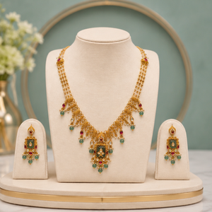 Gold Plated Trendy Kundan <b>Necklace</b> and Dangle Earrings <b>Set</b> with Freshwater Pearl Green/Red Stones for Women's <b>Wedding</b> Ceremony - Product Image 2