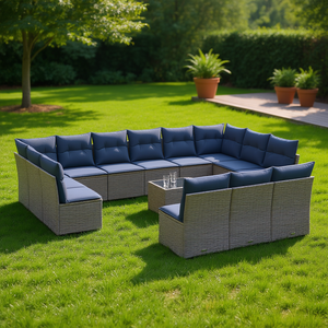 Conjunto de Sofás de Patio de Ratán Sintético Gris con Cojines, 14 Piezas, Muebles de Jardín para Exteriores, Estilo Contemporáneo, Asientos para 10 o Más Personas - Product Image 2