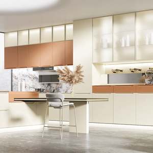 Îlot de cuisine intelligent de luxe en forme de F, panneau en mélamine, finition laquée UV marbrée, design multifonctionnel pour villa et appartement - Product Image 2